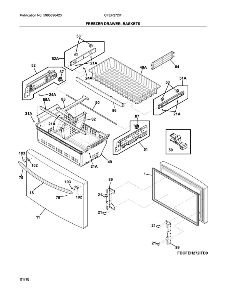Freezer Drawer Diagram and Parts List for CFEH272ITD1  Crosley Refrigerator
