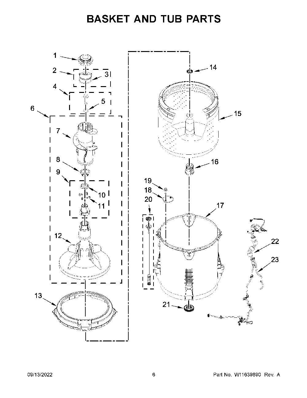 Basket And Tub Parts Diagram and Parts List for 11020232712  Kenmore Washer