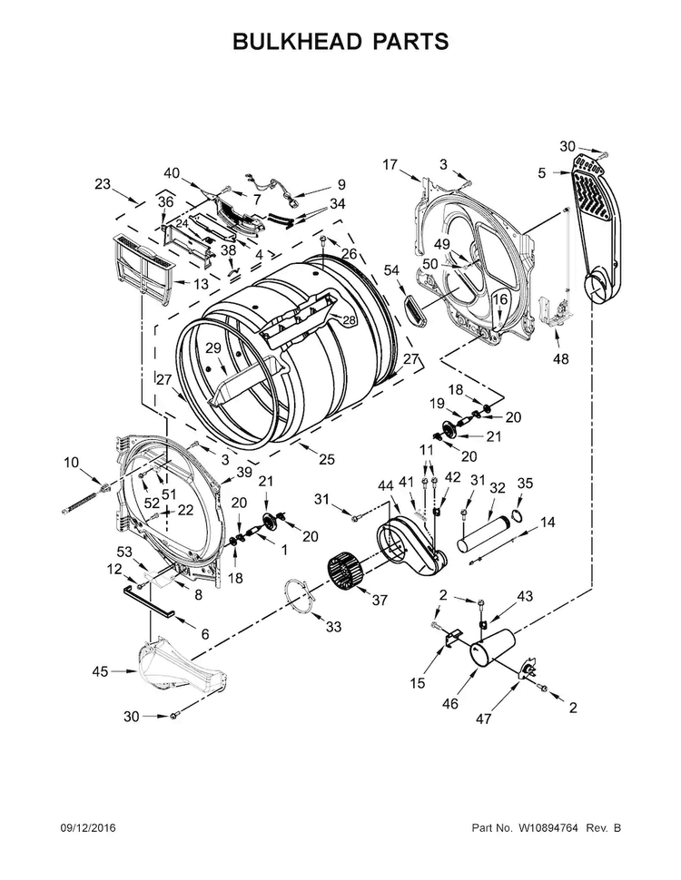 Bulkhead Parts Diagram and Parts List for MGDB955FW0  Maytag Dryer