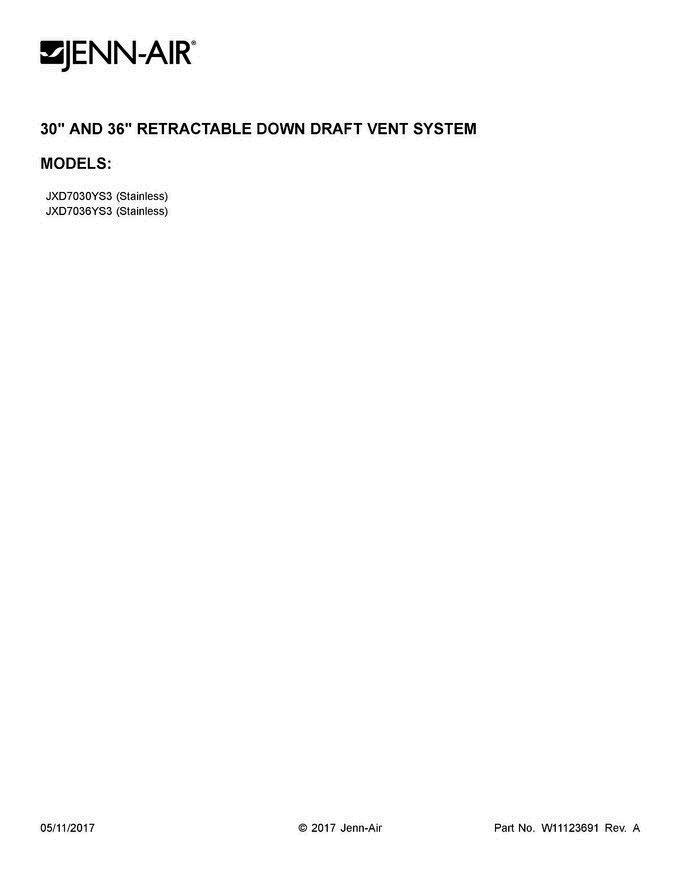 01 - Cover Sheet Diagram and Parts List for JXD7036YS3  Jenn-Air Range Hood