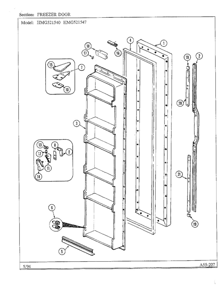 Freezer Door Diagram and Parts List for 52154  Admiral Refrigerator
