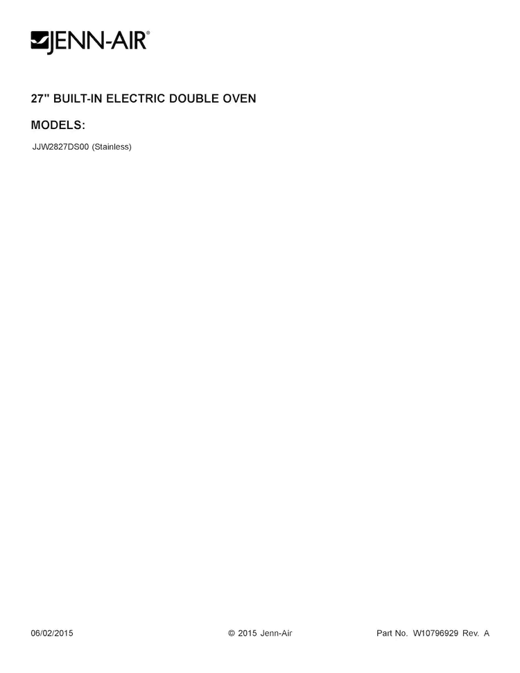 Cover Sheet Diagram and Parts List for JJW2827DS00  Jenn-Air Wall Oven