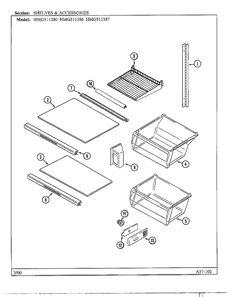 Shelves And Accessories Diagram and Parts List for HMG511387  Admiral Refrigerator