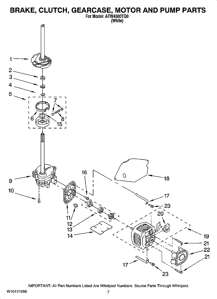 BRAKE, CLUTCH, GEARCASE, MOTOR AND PUMP PARTS Diagram and Parts List for ATW4300TQ0  Admiral Washer