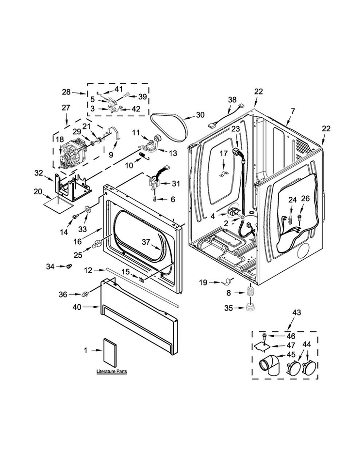 Lower Cabinet And Front Panel Parts Diagram and Parts List for MLE27PDBZW1  Maytag Dryer