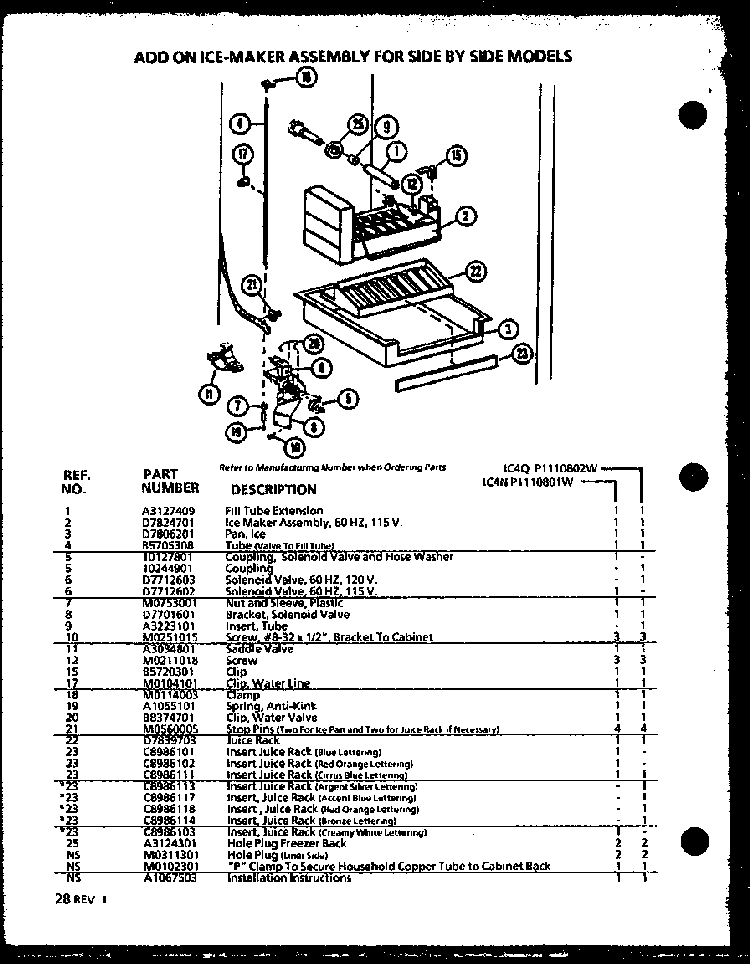 Add On Ice-maker Assembly For Side By Side Models Diagram and Parts List for 36531W-P1121901WW  Amana Refrigerator
