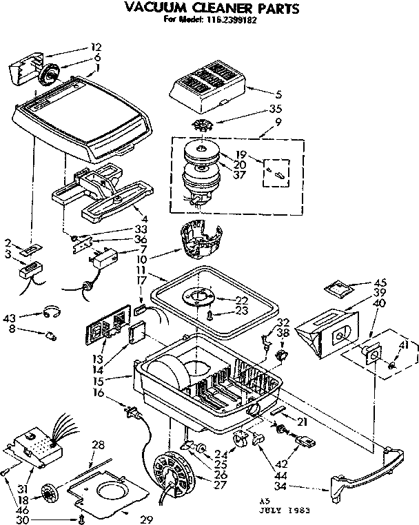 Base Assembly Diagram and Parts List for 1162399182  Kenmore Canister Vacuum