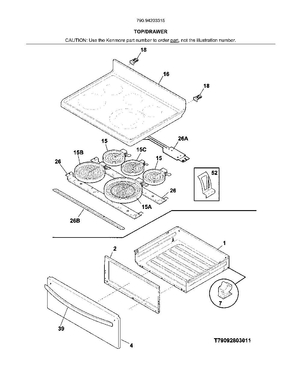 Top/Drawer Diagram and Parts List for 79094203315  Kenmore Range