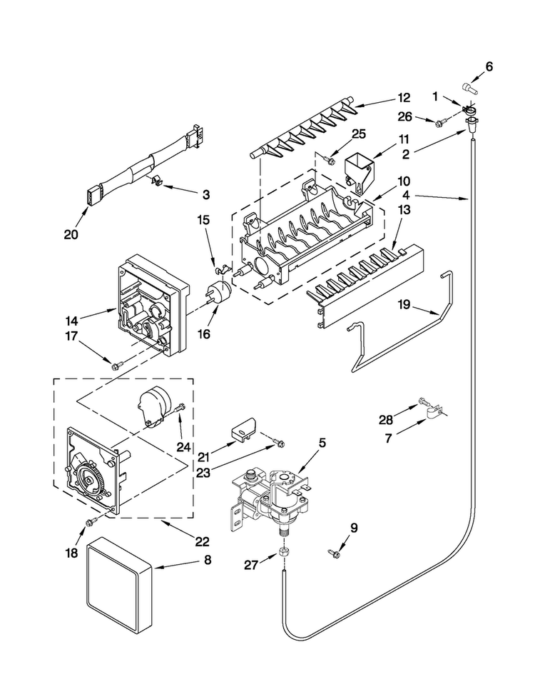 Icemaker Parts Diagram and Parts List for A8RXNGMWH02  Amana Refrigerator