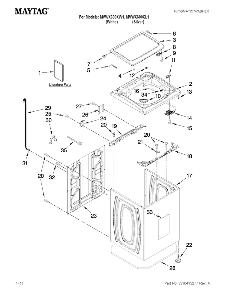 Top And Cabinet Parts Diagram and Parts List for MVWX600XL1  Maytag Washer
