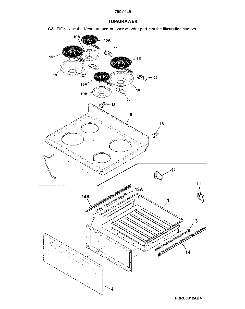 Top/Drawer Diagram and Parts List for 79092459910  Kenmore Range