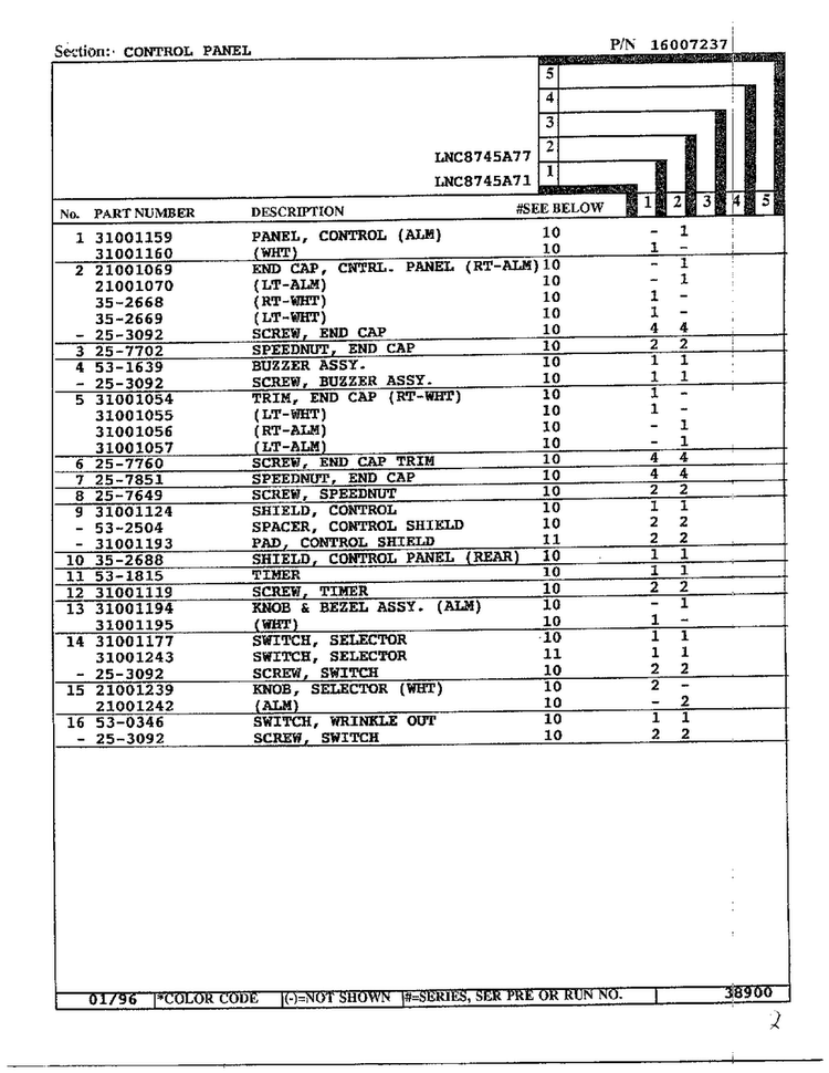 Control Panel Page 2 Diagram and Parts List for LNC-8745  Maytag Dryer