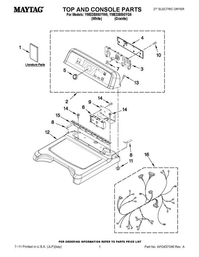 01 - Top And Console Parts Diagram and Parts List for YMEDB850YG0  Maytag Dryer