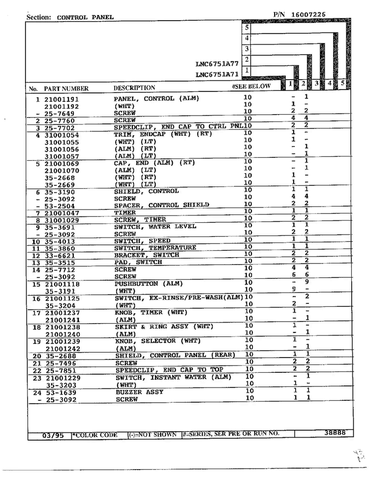 Control Panel Page 2 Diagram and Parts List for 6751  Norge Washer