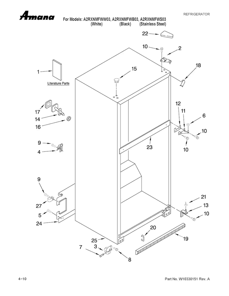 Cabinet Parts Diagram and Parts List for A2RXNMFWS03  Amana Refrigerator