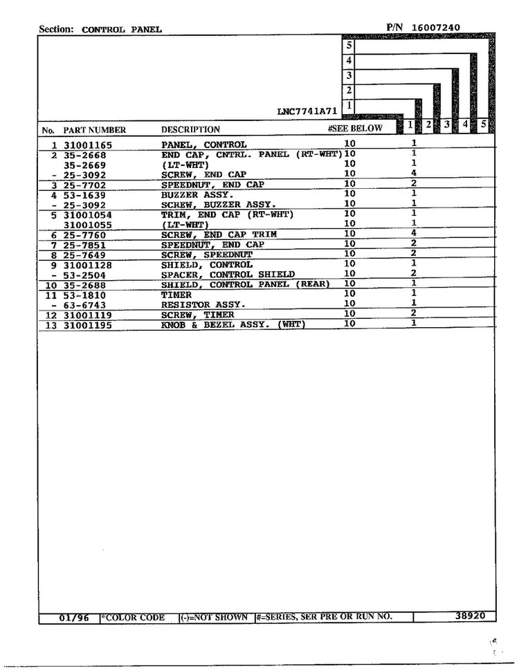Control Panel Page 2 Diagram and Parts List for 7741A71  Norge Dryer