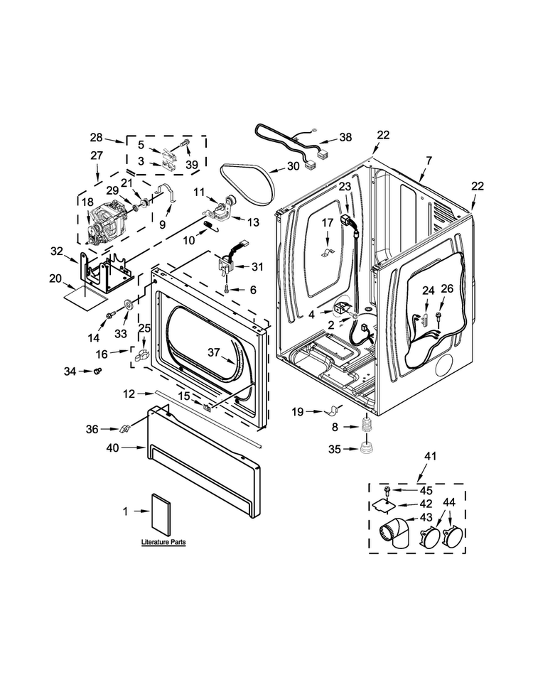 Lower Cabinet And Front Panel Parts Diagram and Parts List for MLE27PNBGW0  Maytag Dryer