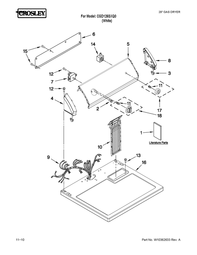 Top And Console Parts Diagram and Parts List for CGD126SXQ0  Crosley Dryer