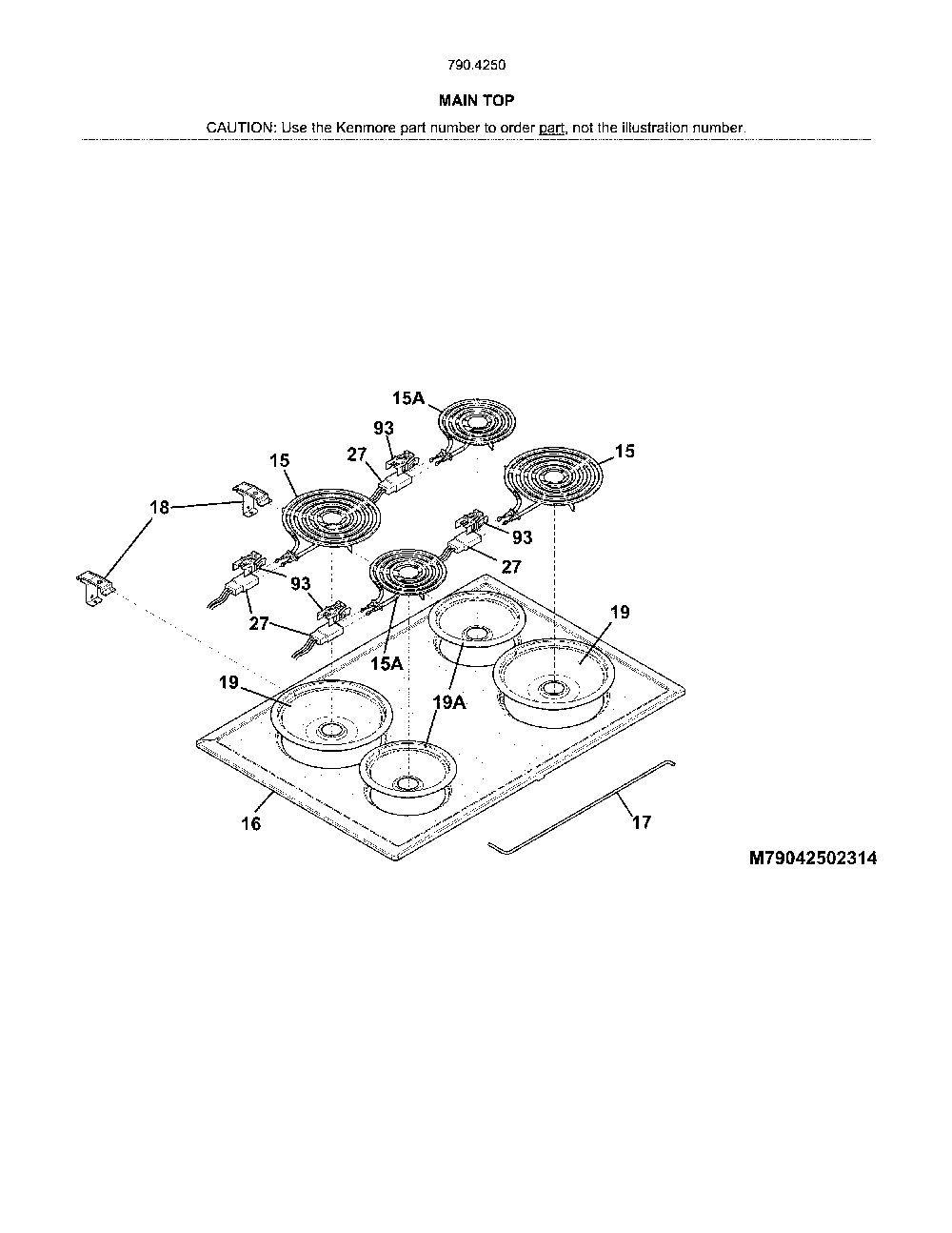 Main Top Diagram and Parts List for 79042502314  Kenmore Range