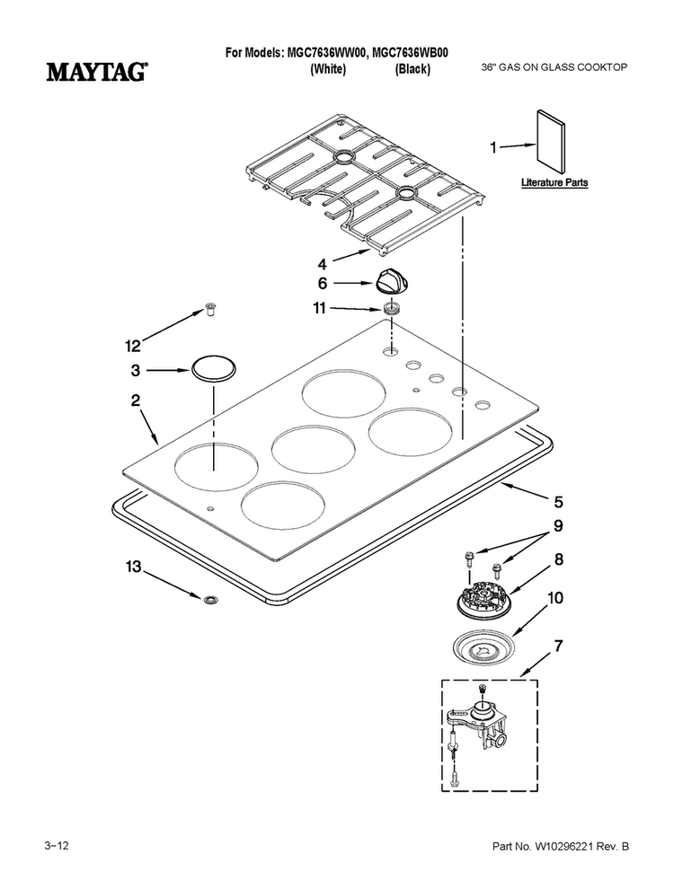 Cooktop, Burner And Grate Parts Diagram and Parts List for MGC7636WW00  Maytag Cooktop