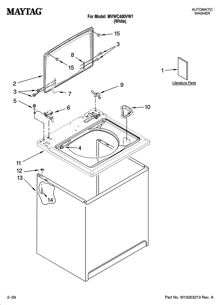 Top And Cabinet Parts Diagram and Parts List for MVWC400VW1  Maytag Washer