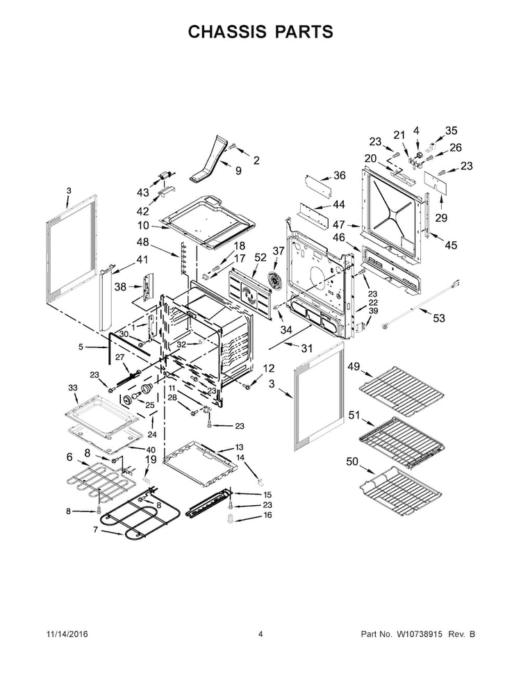 Chassis Parts Diagram and Parts List for JES1450CDB0  Jenn-Air Range