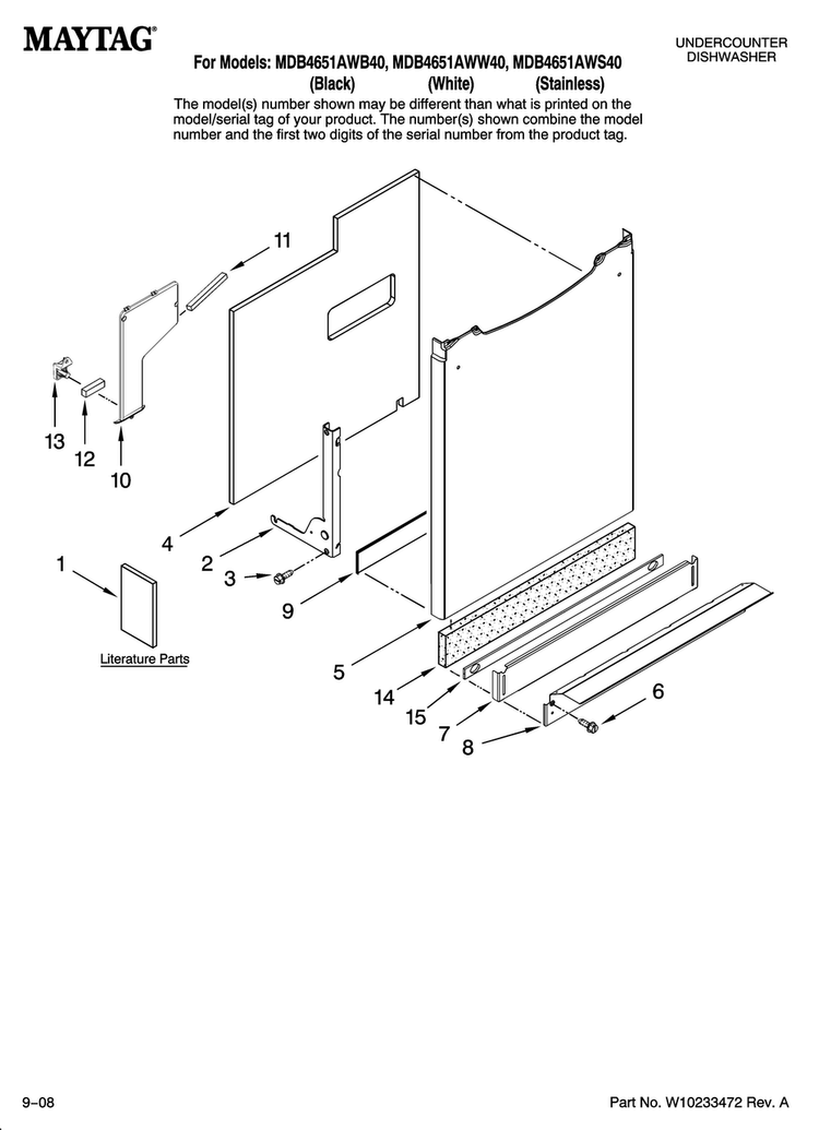 Door And Panel Parts Diagram and Parts List for MDB4651AWS40  Maytag Dishwasher