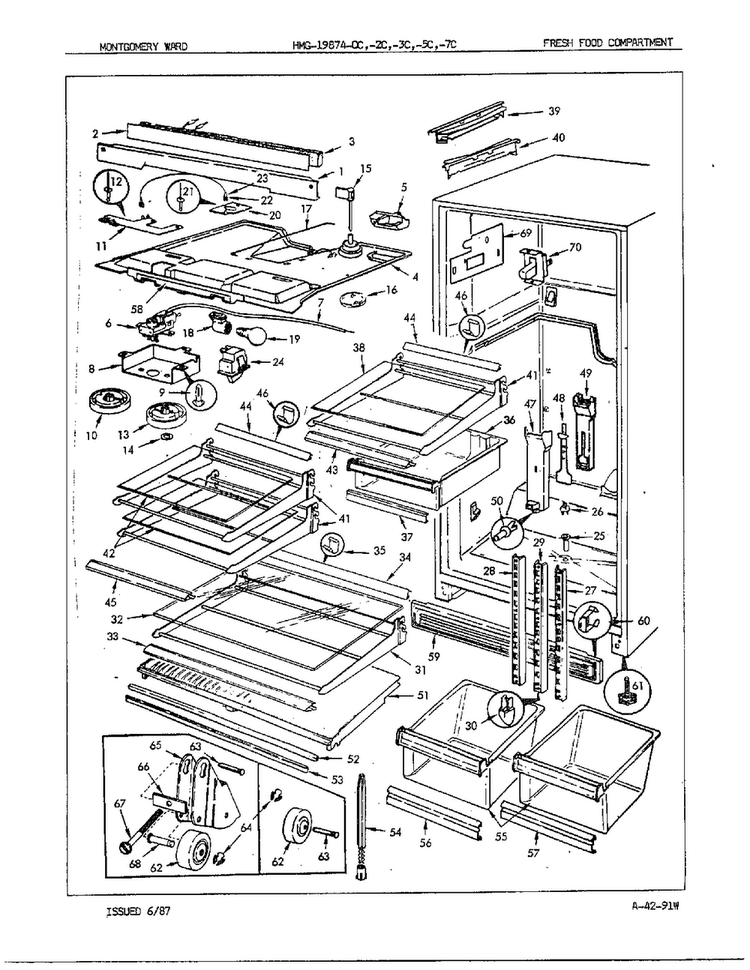 Fresh Food Compartment Diagram and Parts List for 19874A  Admiral Refrigerator