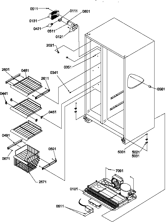 Freezer Shelves And Light Diagram and Parts List for SPD25TL-P1303505WL  Amana Refrigerator