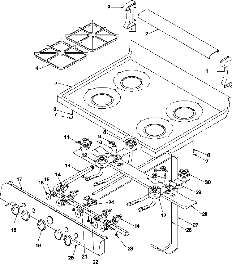 Main Top And Backguard Diagram and Parts List for ARO3400W-P1143335NW  Amana Range