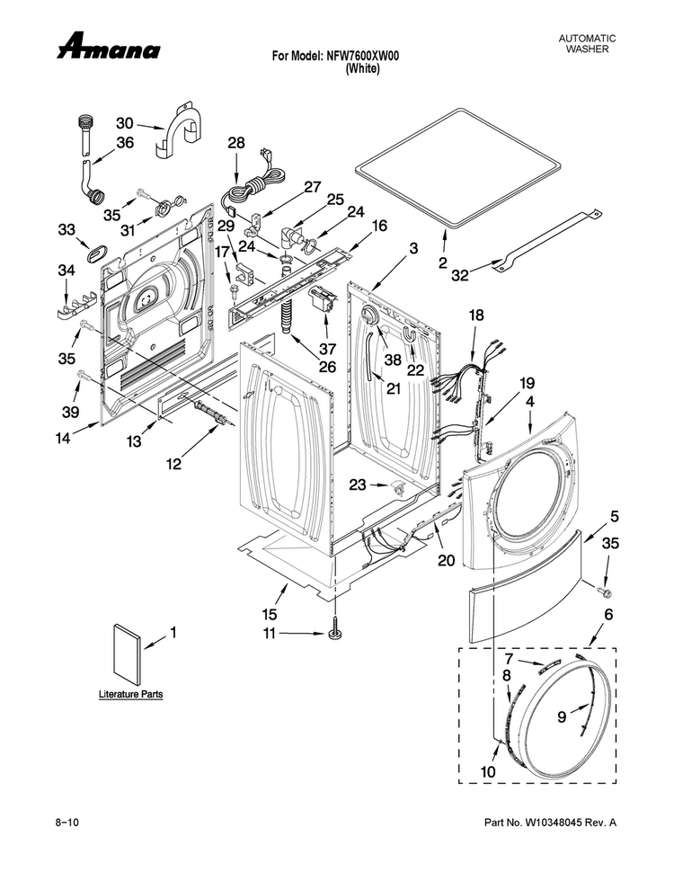 Top And Cabinet Parts Diagram and Parts List for NFW7600XW00  Amana Washer