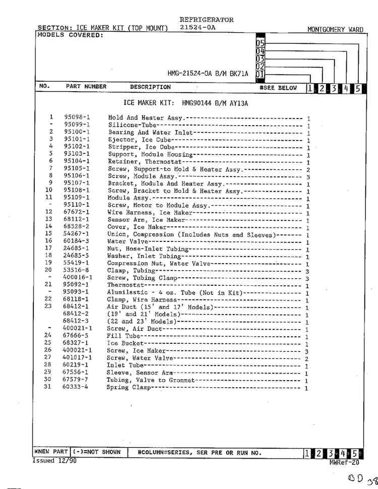 Ice Maker Kit Diagram and Parts List for 21524-0A  Admiral Refrigerator