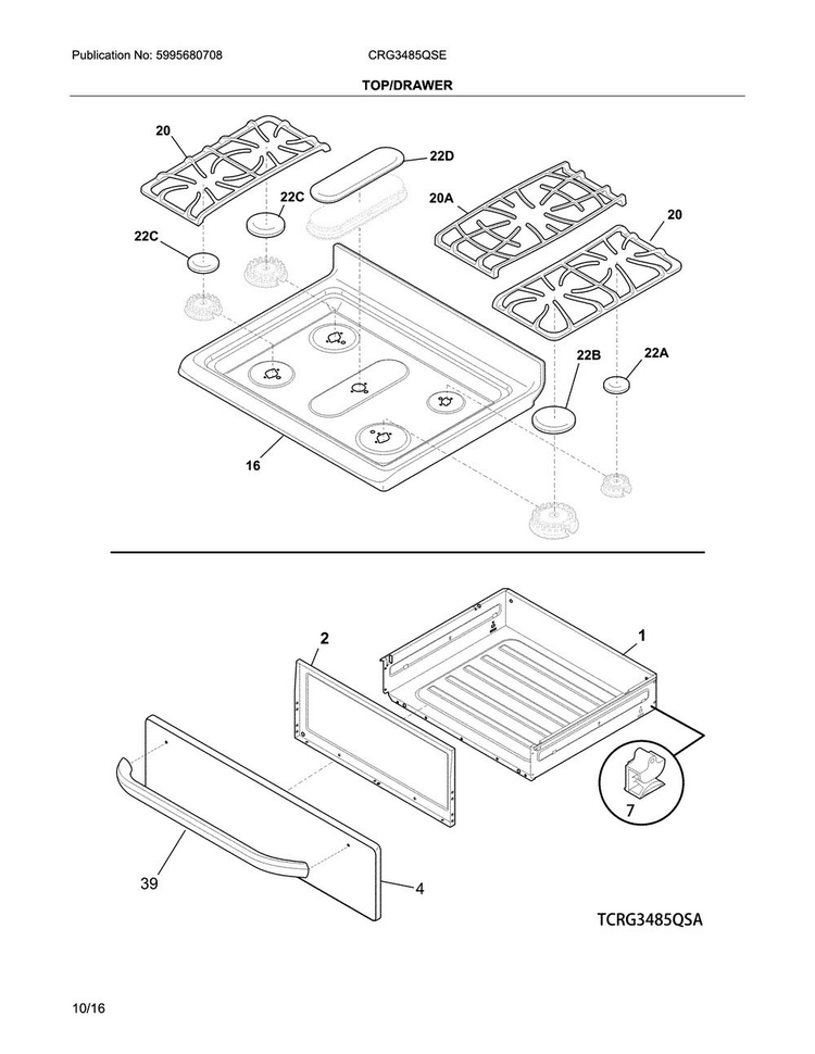 Top/drawer Diagram and Parts List for CRG3485QSE  Crosley Range