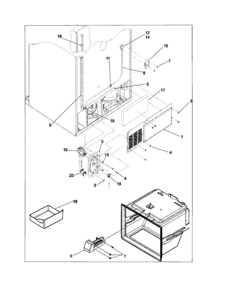 Ice Maker/cabinet Back Diagram and Parts List for ABD2533DES0  Amana Refrigerator