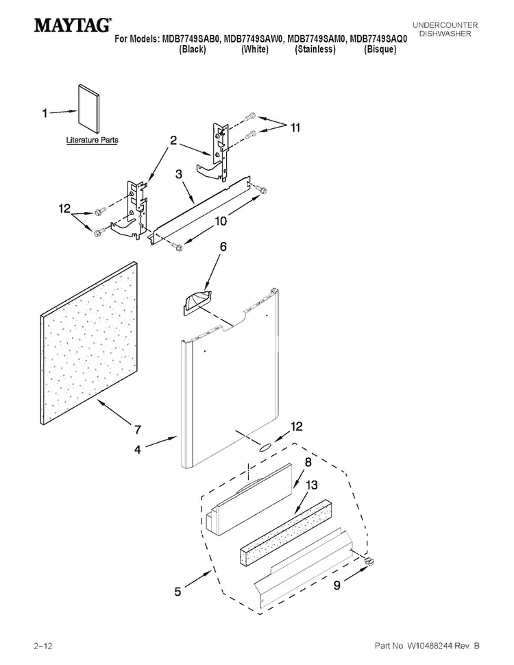 Door And Panel Parts Diagram and Parts List for MDB7749SAW0  Maytag Dishwasher