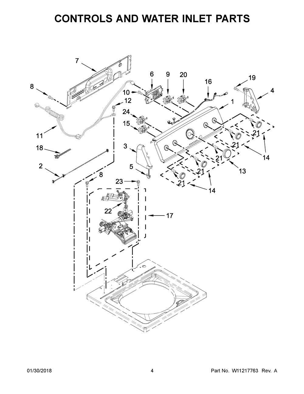 Controls And Water Inlet Parts Diagram and Parts List for MVWC465HW0  Maytag Washer