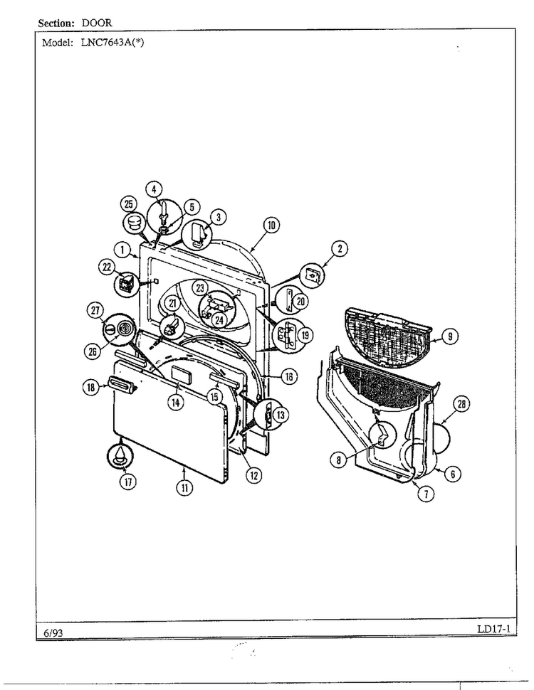 Door Diagram and Parts List for 7643A  Norge Dryer
