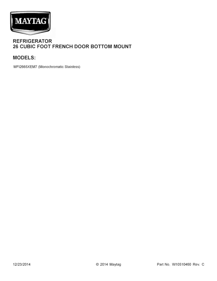 Cover Sheet Diagram and Parts List for MFI2665XEM7  Maytag Refrigerator