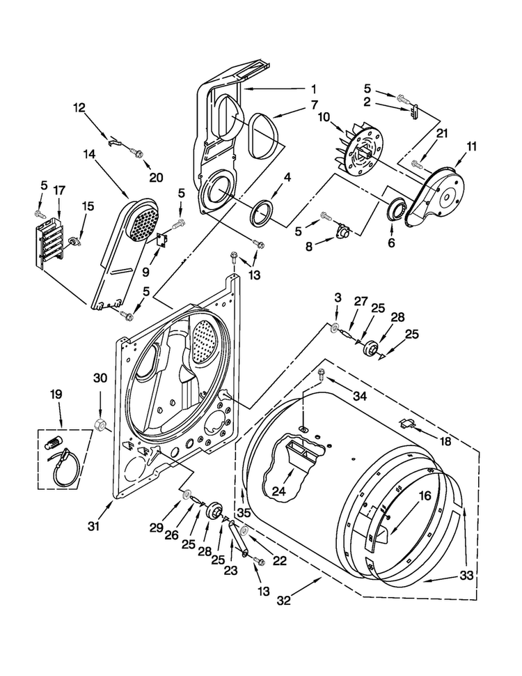 Bulkhead Parts Diagram and Parts List for 4KNED5800TQ1  Amana Dryer