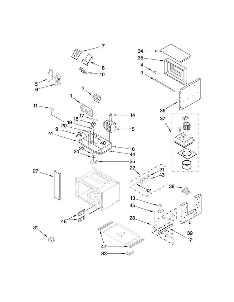 Cabinet And Stirrer Parts Diagram and Parts List for JMW2427WS02  Jenn-Air Microwave