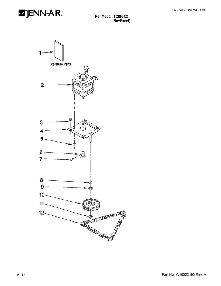 Motor And Drive Parts Diagram and Parts List for TC607X3  Jenn-Air Trash Compactor