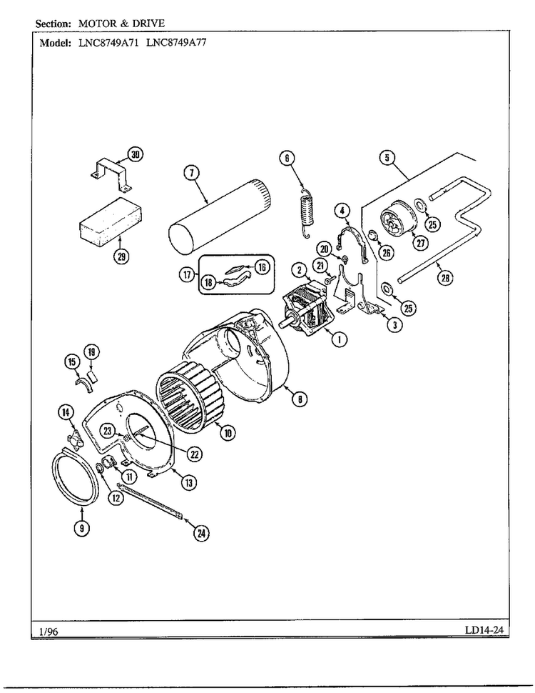 Motor And Drive Diagram and Parts List for 8749A71  Norge Dryer