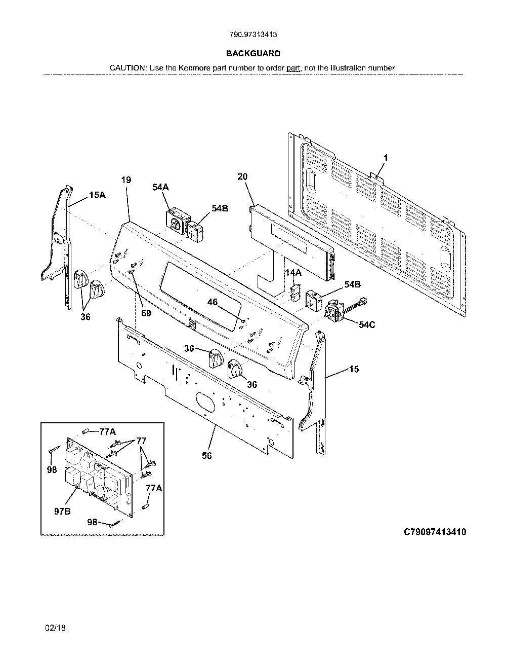 Backguard Diagram and Parts List for 79097313413  Kenmore Range