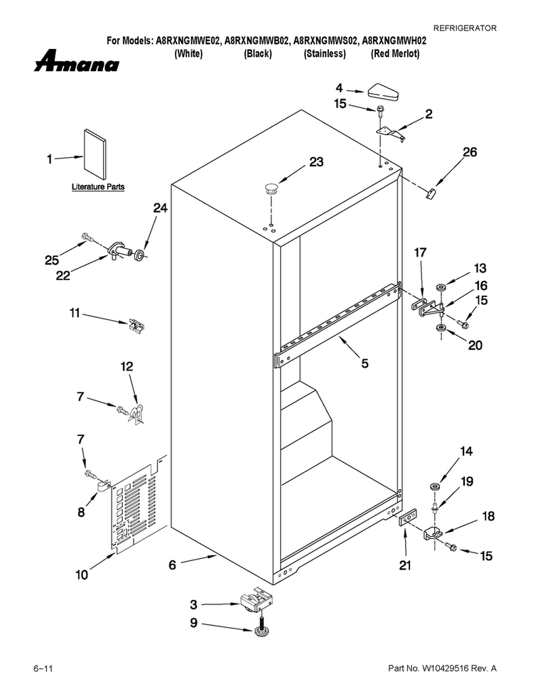 Cabinet Parts Diagram and Parts List for A8RXNGMWH02  Amana Refrigerator