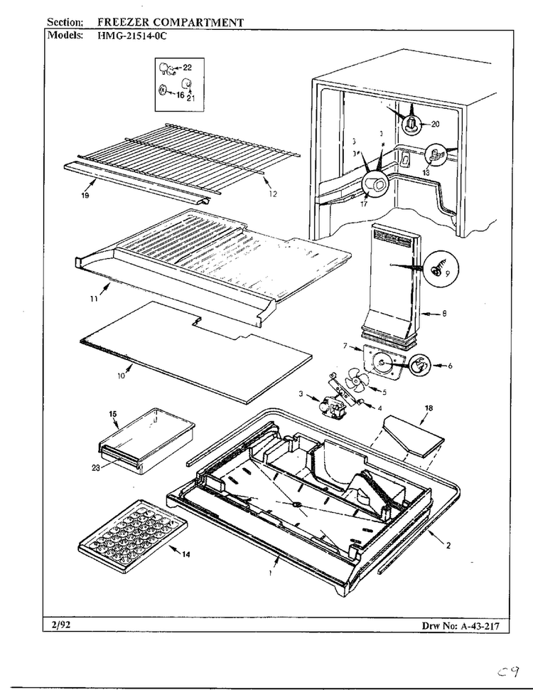 Freezer Compartment Diagram and Parts List for 21514-0A  Admiral Refrigerator