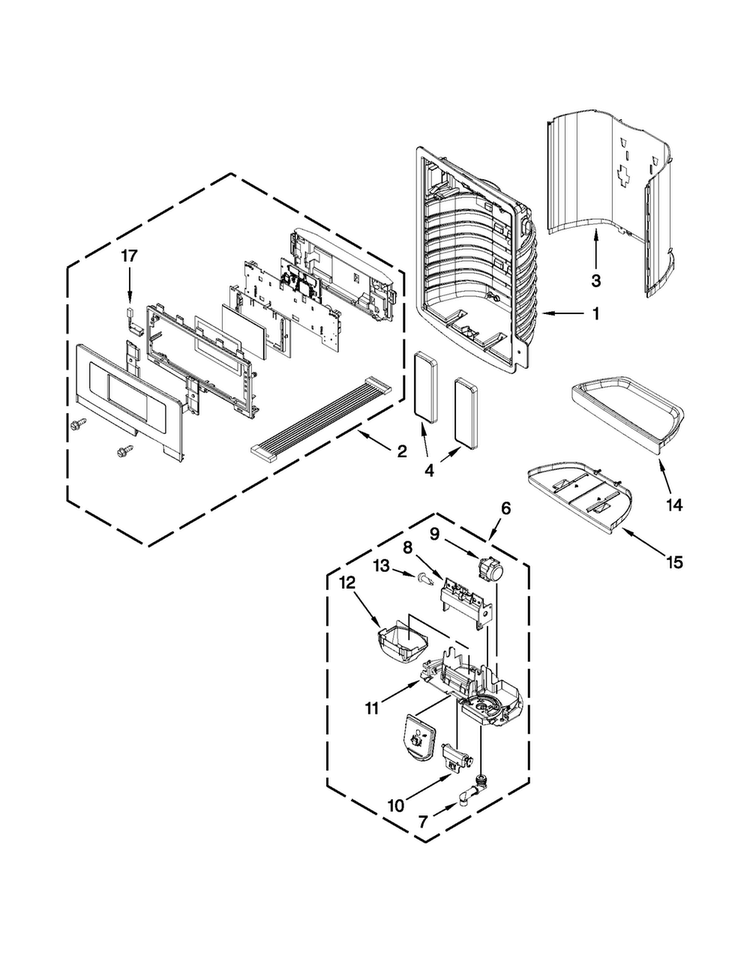 Dispenser Front Parts Diagram and Parts List for MFI2670XEM10  Maytag Refrigerator