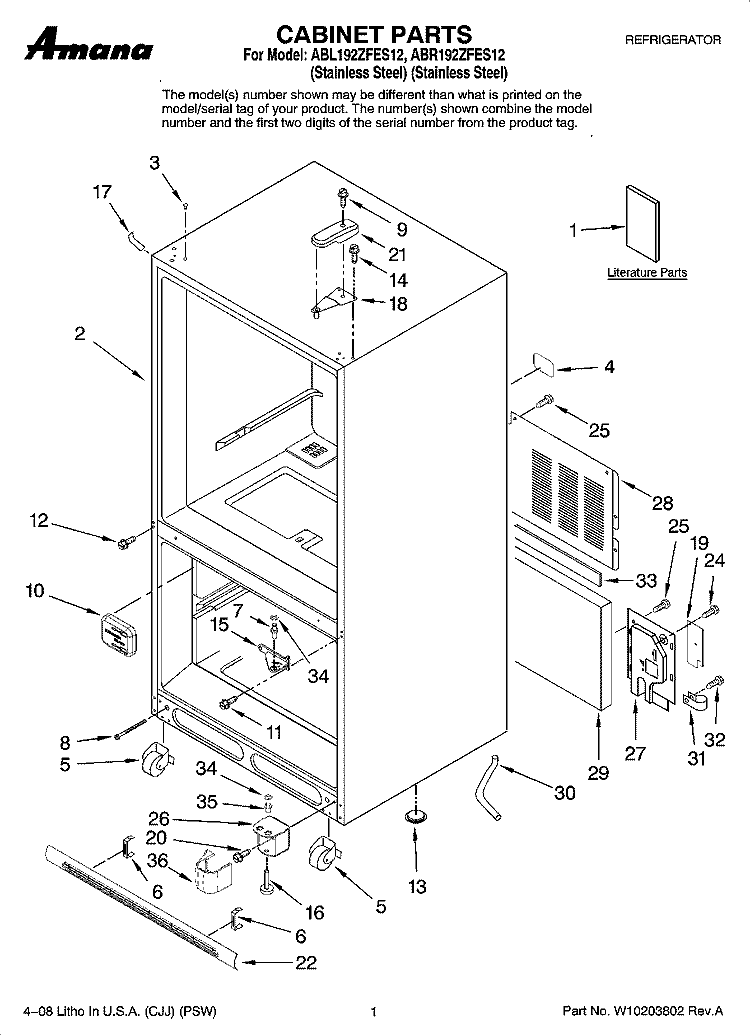 CABINET PARTS Diagram and Parts List for ABL192ZFES12  Amana Refrigerator