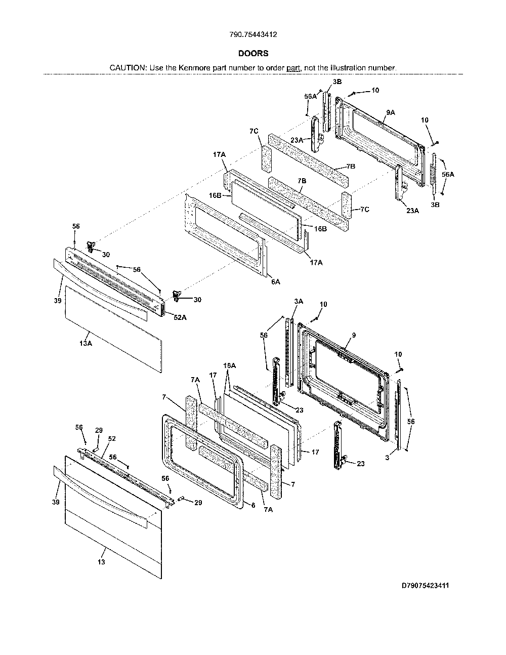 Doors Diagram and Parts List for 79075443412  Kenmore Range