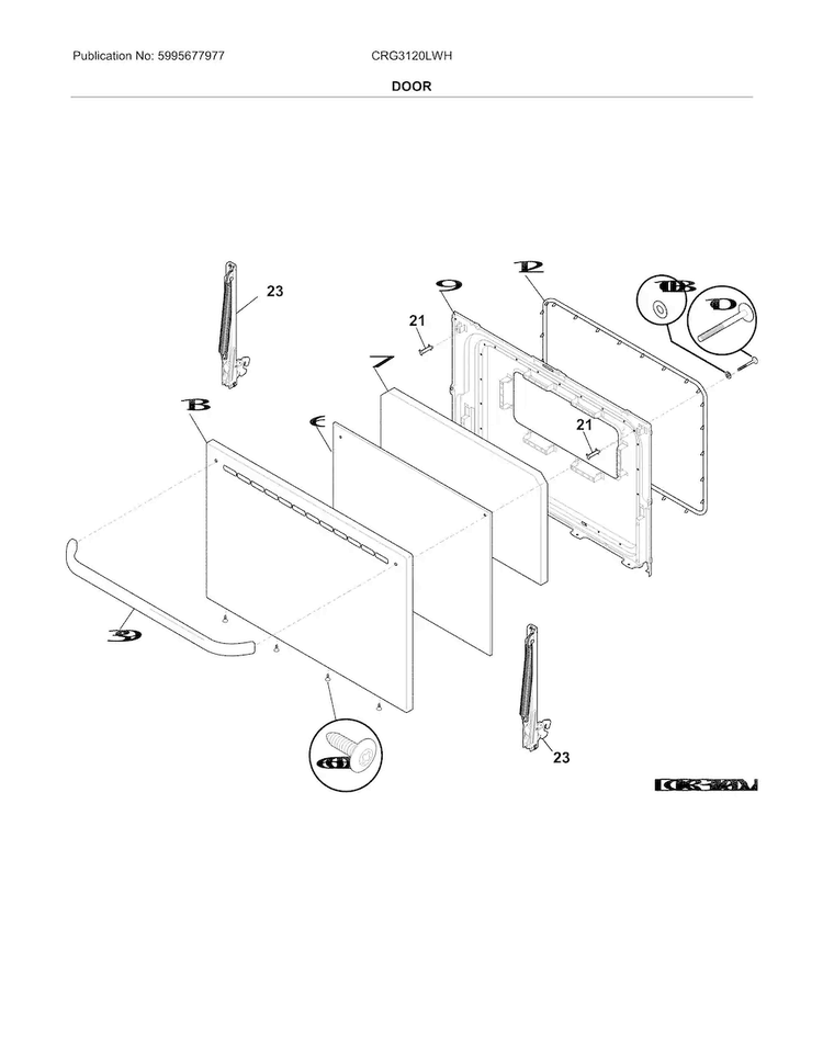 Door Diagram and Parts List for CRG3120LWH  Crosley Range