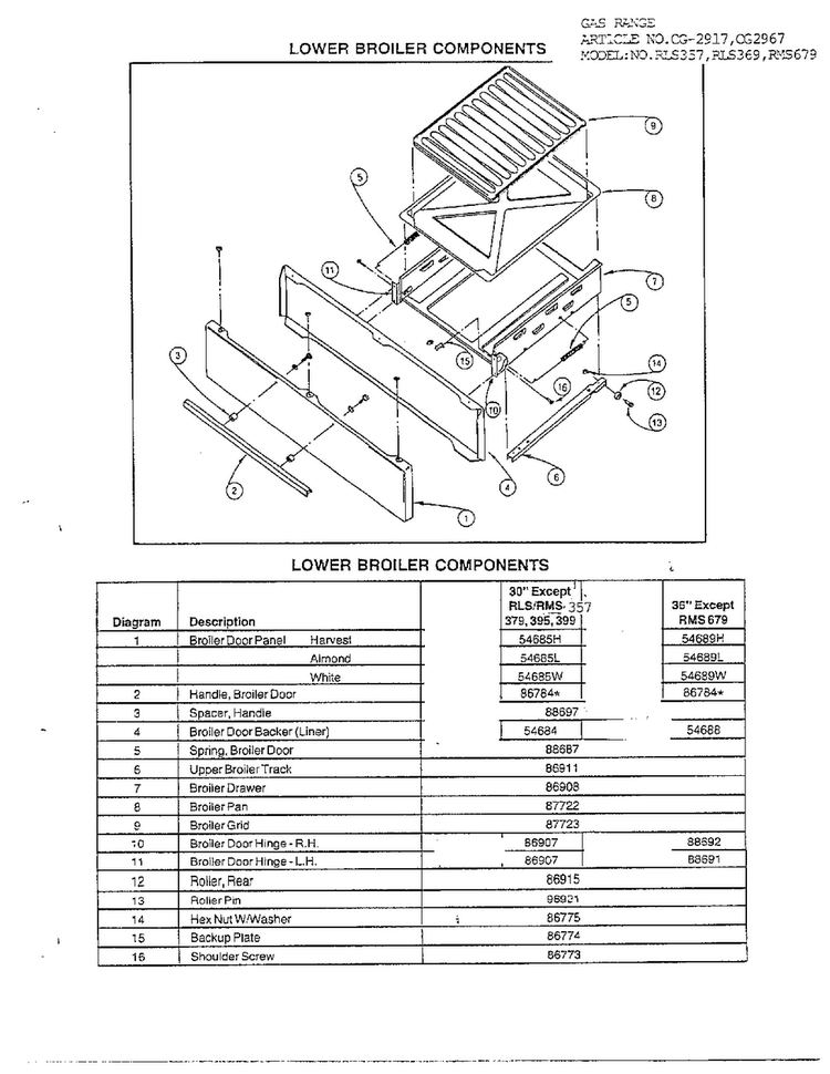 Lower Broiler Components Diagram and Parts List for 2917  Amana Range